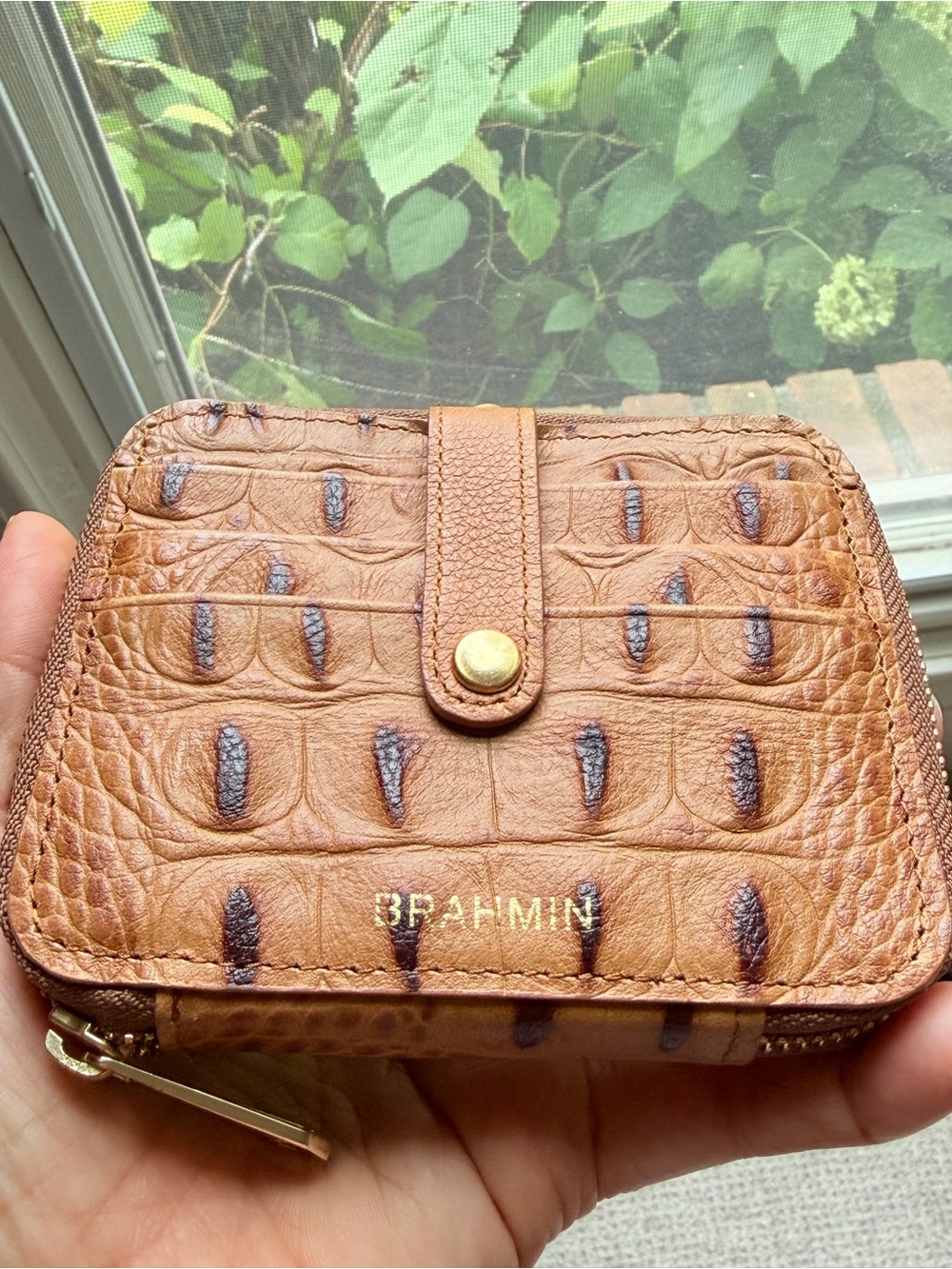 Brahmin Tan Chestnut Croc-Embossed Leather Zip Wallet